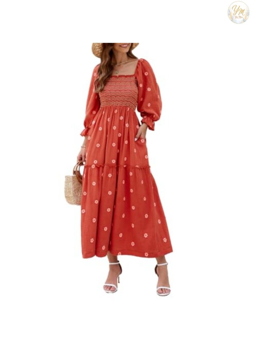 Women Floral Embroidered Maxi Dress Puff Sleeve Square Neck Boho Flowy Dress